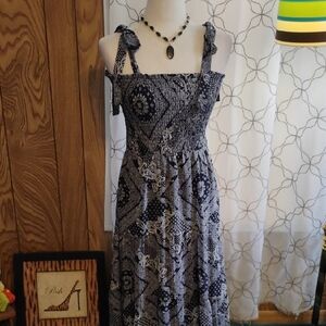 So Cute Blue Rain Navy and White Printed Maxi Dress with Tie Straps